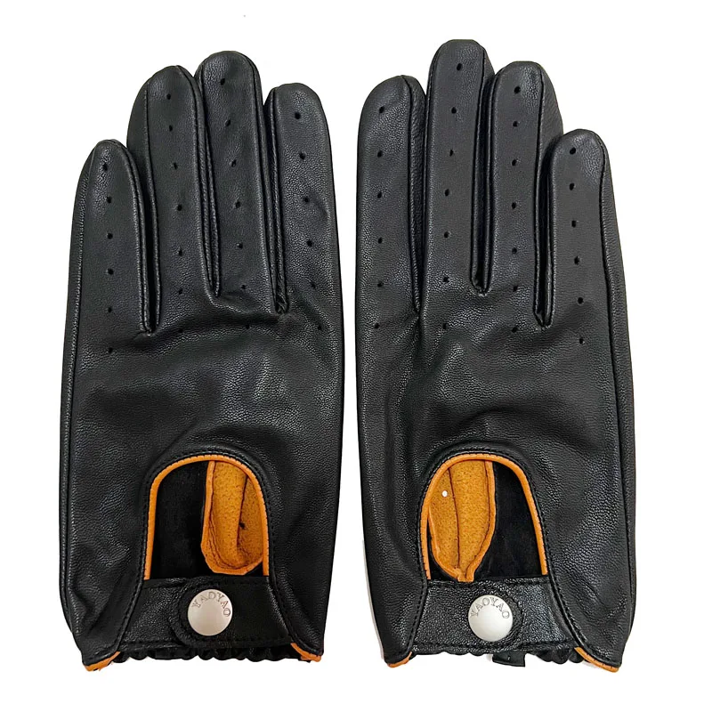 Leather Gloves Men Accessories Spring Male Unlined Thin Mittens Stylish Colour Blocking Guantes de Cuero Gym Hombre Blue Luvas