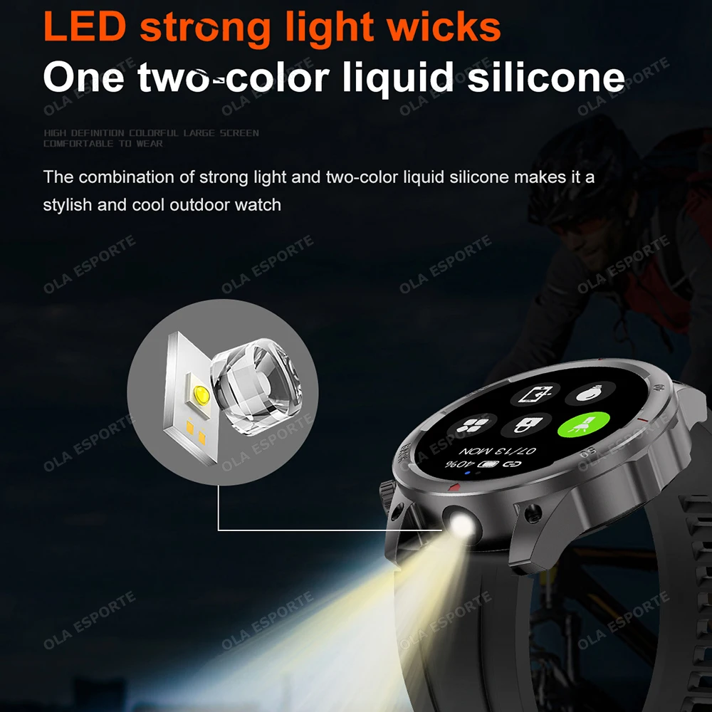 ผู้ชายนาฬิกาอัจฉริยะเข็มทิศเครื่องติดตามตำแหน่ง GPS หน้าจอ AMOLED โทรผ่านบลูทูธการตรวจสอบอัตราการเต้นของหัวใจ 100+ โหมดกีฬาสมาร์ทวอทช์