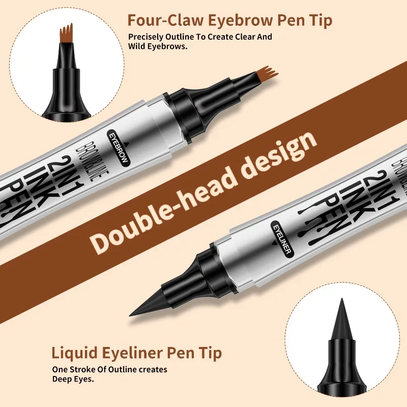 2-in-1 4-Prong Eyebrow Pencil & Eyeliner Pen - Quick-Dry Waterproof, Smudge-Proof Brow & Eye Makeup Tool 2 Color Tube Choose