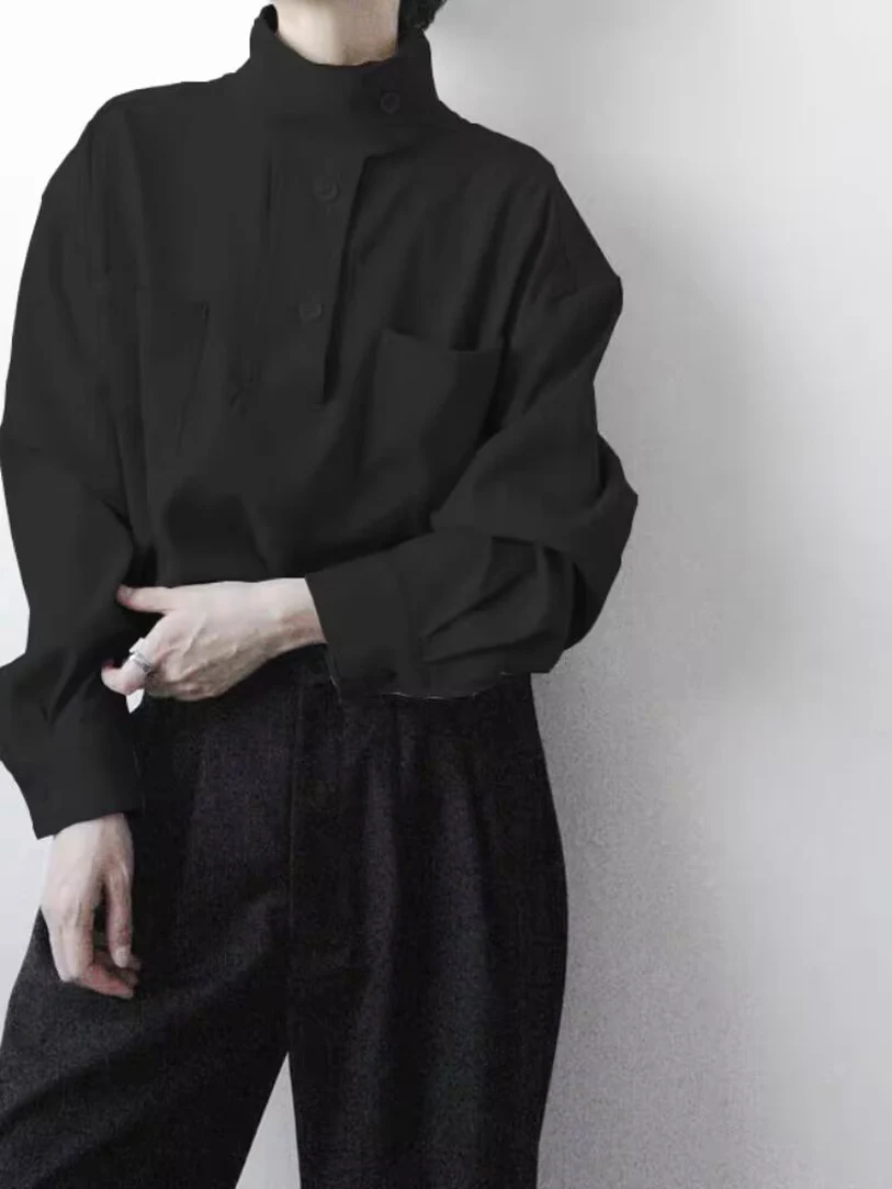 

imamoto Sle Men's irt f High Collar Inner Wear Hair St Faionable Long Sve Pure Color Loose Fit Youthful