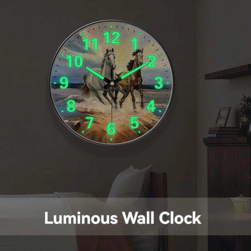 Fashion Luminous Wall Clock Horse Painting Theme Clock Silent Non-Ticking Artistic Clock For Corridor Living Room Bedroom Office