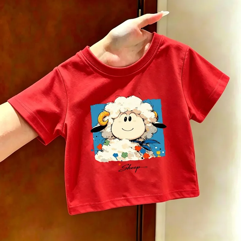 Cartoon Cute Lamb Print Children's T-shirt Summer New Fashion Trend Soft Skin Friendly Round Neck Parent-child Casual T-shirt