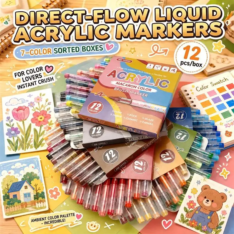 12 Colors Acrylic Markers Soft Brush Pen Tip: 7 Color Systems Drawing Anime Painting DIY Rock Halloween