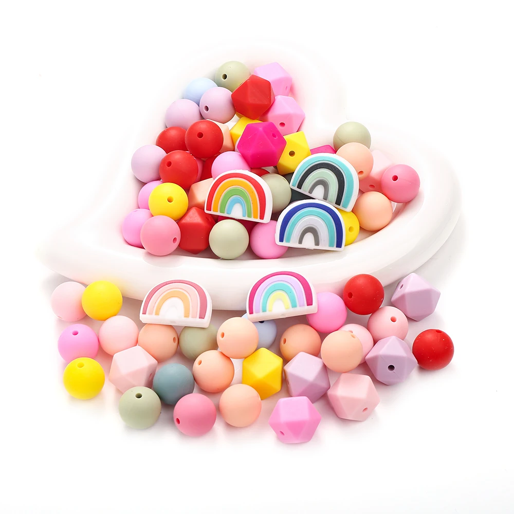 65Pcs Rainbow Silicone Beads Food Grade Teether Round Octagonal Baby Teething Bead Diy Chewable Colorful Teething Toy for Infant