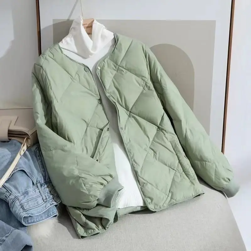 Autumn Winter Down Cotton Coat Quilted Jacket Women Light Thin Outerwear Short Tops Buttons Long Sleeve Chic Coats Lightweight