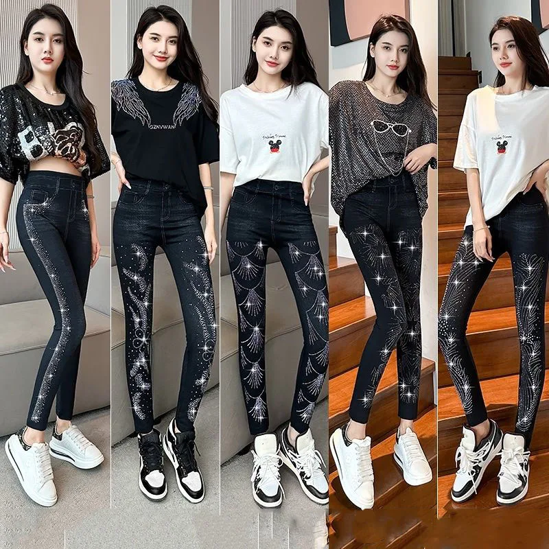 

Lucyever Luxury Rhinestones Pencil Pants Women High Waist Elastic Slim Imitation Denim Pants Streetwear Ankle-Length Trousers