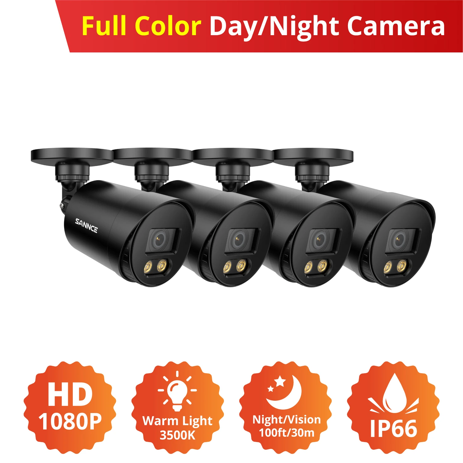 SANNCE 4PCS 1080P TVI Full Color Night Vision Camera with Warm Lights Weatherproof for Indoor and Outdoor 2MP Security Camera