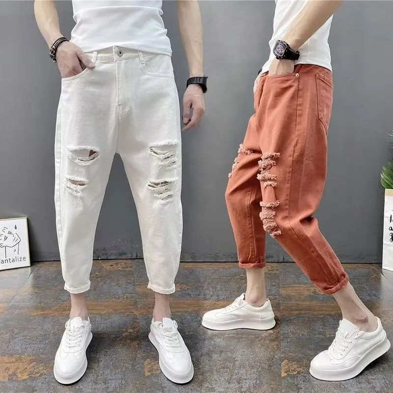 Boys Trend Trousers Fashion Casual Hole Korean All-match Niche Personality Summer New Versatile Comfortable Pinkycolor Trousers