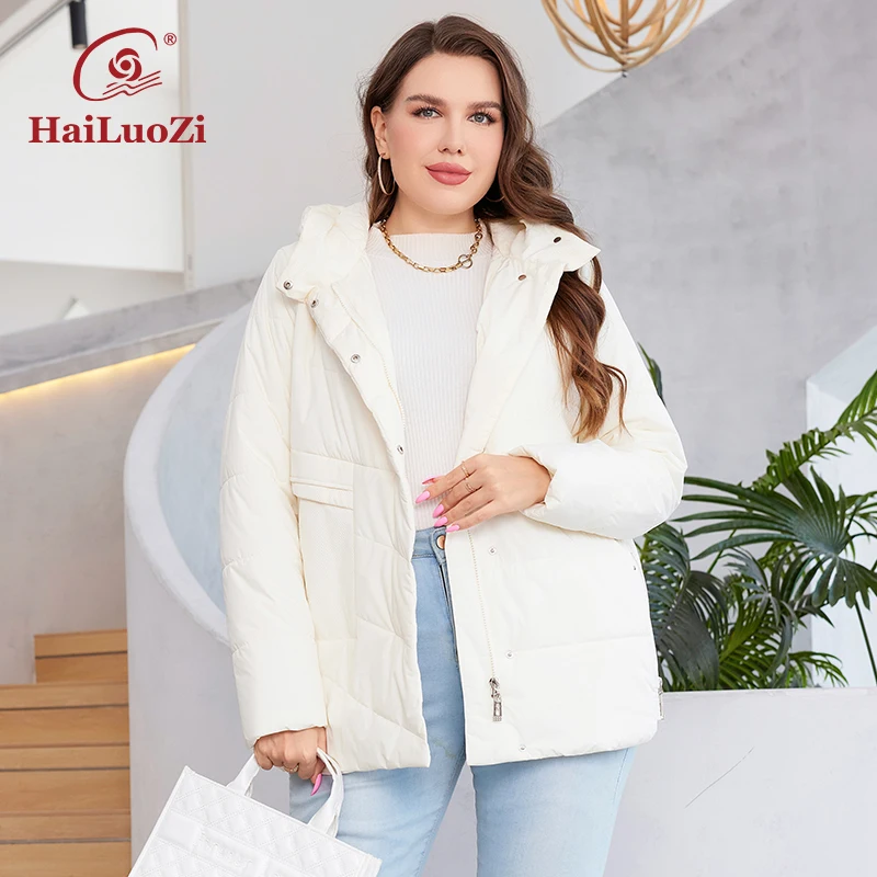 HaiLuoZi 2023 New Plus Size Women\'s Coat Hooded Side Pocket Winter Thin Cotton Classic High Quality Zipper Women Jacket 3303