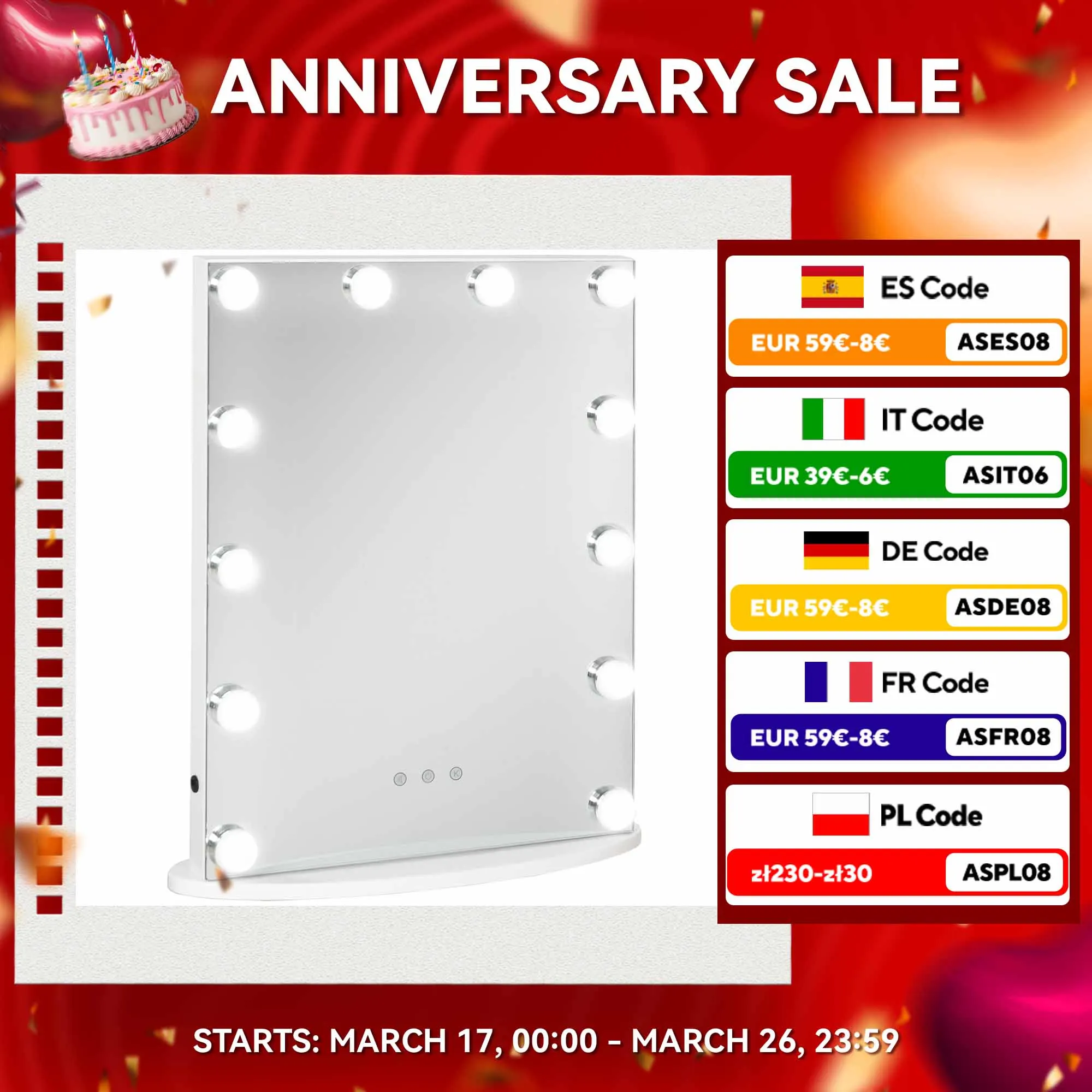 HOMCOM LED specchio per il trucco controllo touch regolabile 41,5x13,5 x51