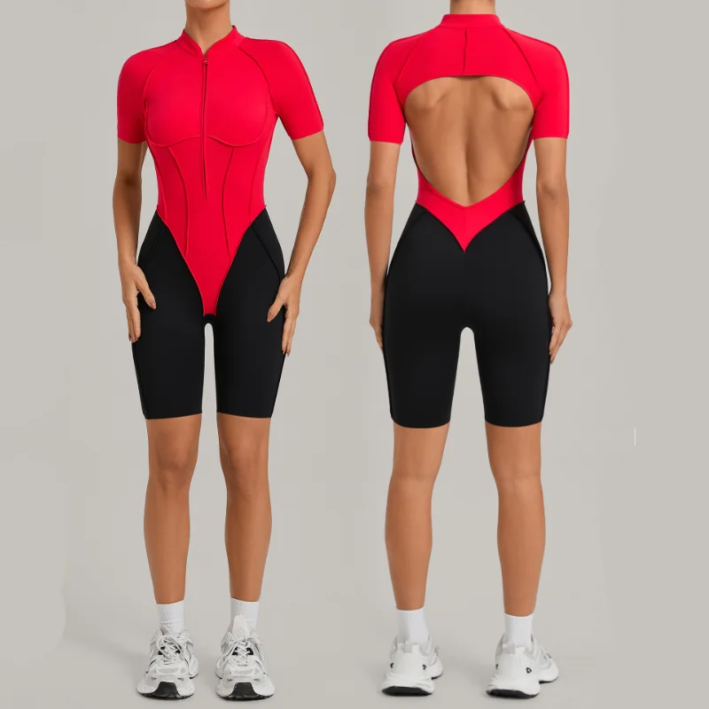 

Zipper Bodysuits V Back Sports Jumpsuit Yoga Clothes Women Sportswear Short Sleeveles Workout Set Romper Backless One-piece Suit