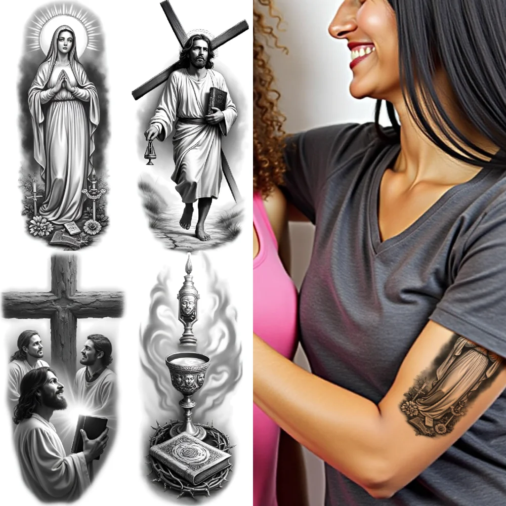 

3pcs Temporary Tattoo Virgin Mary Realistic Temporary Tattoos Praying Figure Jesus With Book For Women Thighs Men