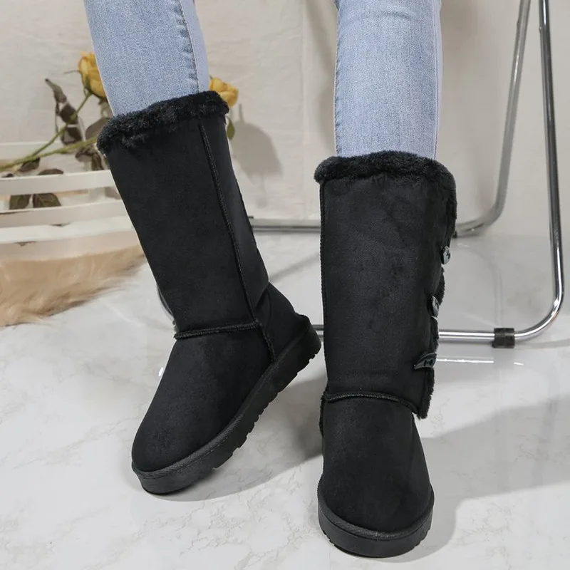 Plus Size Women's Long Snow Women Ankle Boots 2024 Winter Horn Buckle With Fleece Thickened Warm Cotton Casual Shoes Female