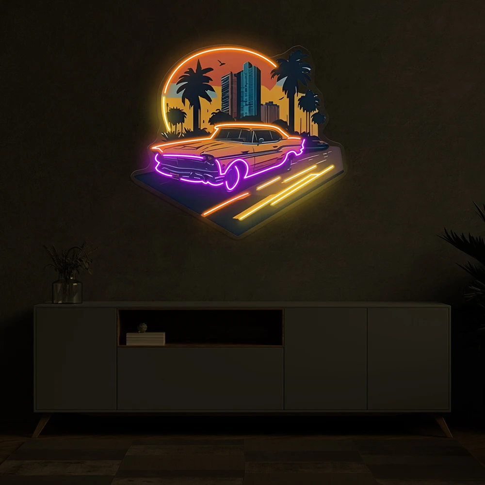 

Car The Sunset LED Neon Sign Light Artwork Acrylic Custom Neon Sign for Home Living Room Office Decor Retro Neon Wall Art