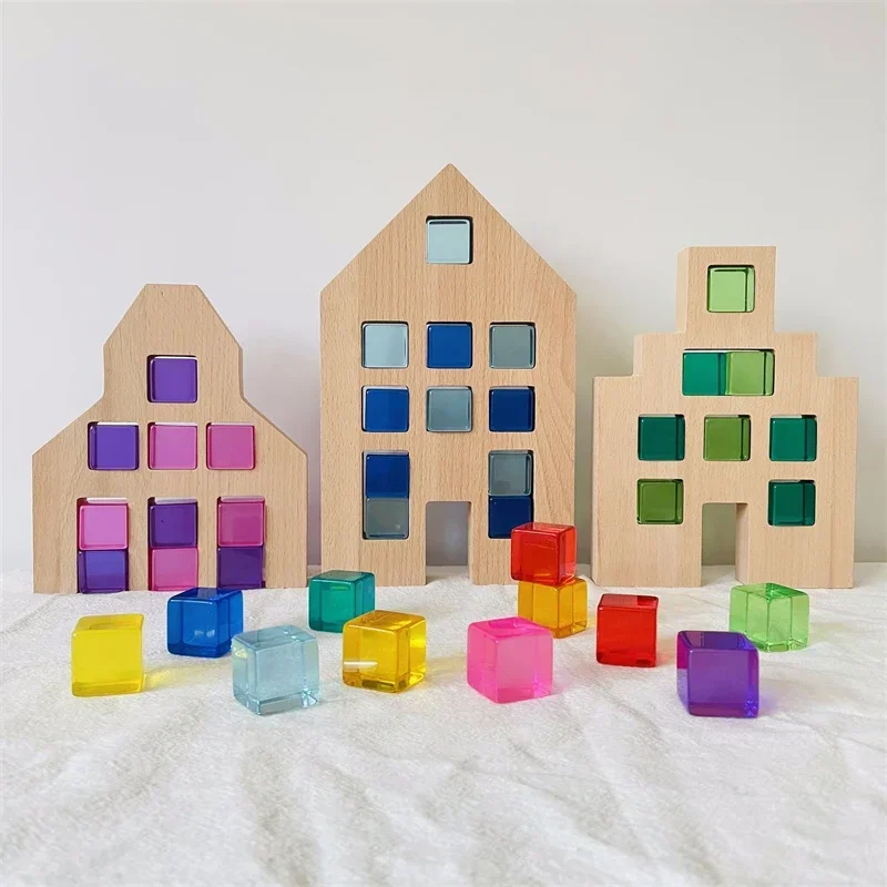 Nederlandse Houten Huizen Lucite Kubussen Blokken Regenboog Acryl Bouwstenen Kleur Straat Open Spelen Montessori Educatief Speelgoed