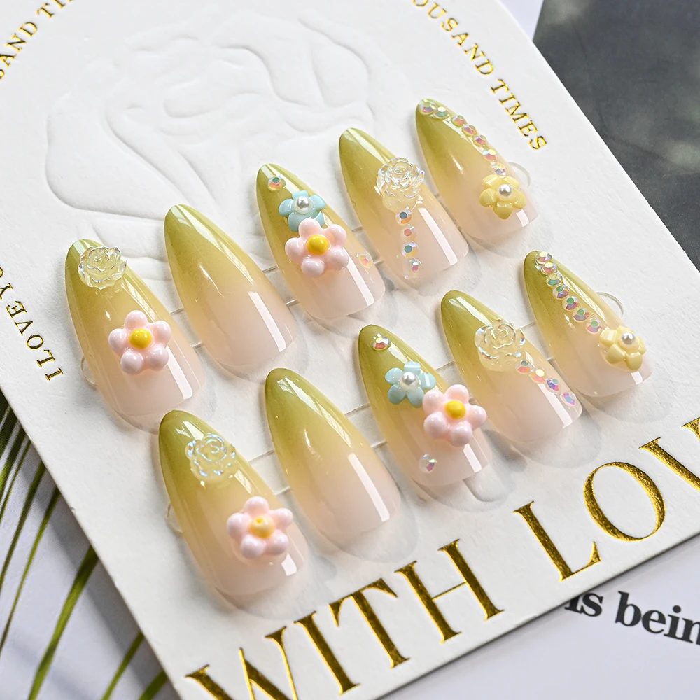 24 pçs gradiente amêndoa francês unhas falsas primavera flor design capa completa extensão de unhas falsas wearable imprensa em unhas para mulher