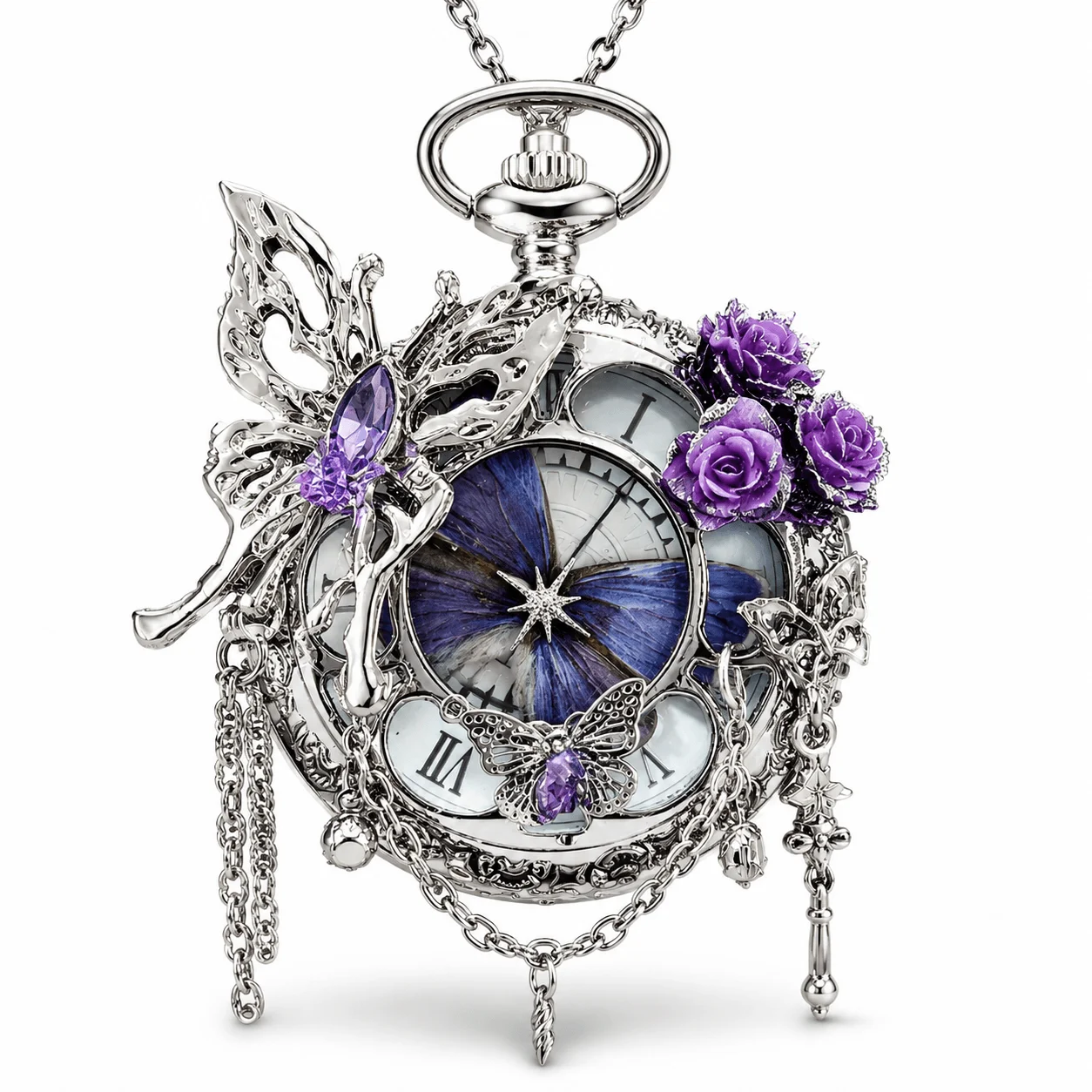 Vintage Butterfly Pocket Watch Necklace, Real Blue Butterfly Pendant with Chain, Flip Collec­torsRetro Jewelry Gift for Collec­