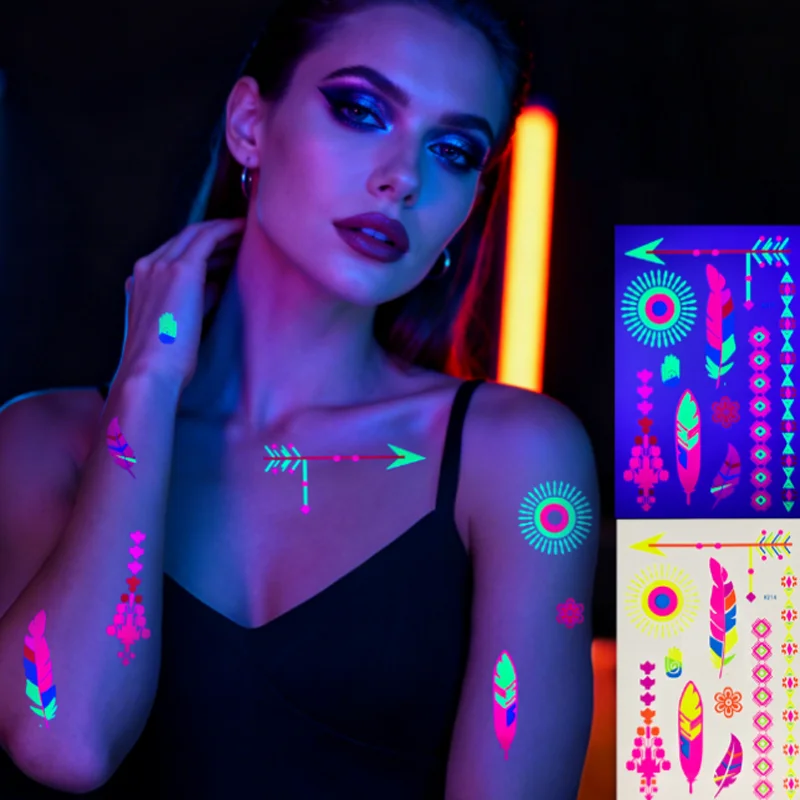 

Светящаяся флуоресцентная татуировка-наклейка, музыкальный фестиваль, вечеринка, красочные татуировки, наклейки для лица, рук, татуировки, Decoras Tatuajes Temporales