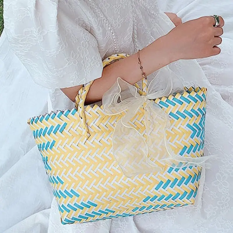 Handmade Woven Bag Organizer Basket Fashion Shopping Basket Beach Vacation Large Capacity Handbag