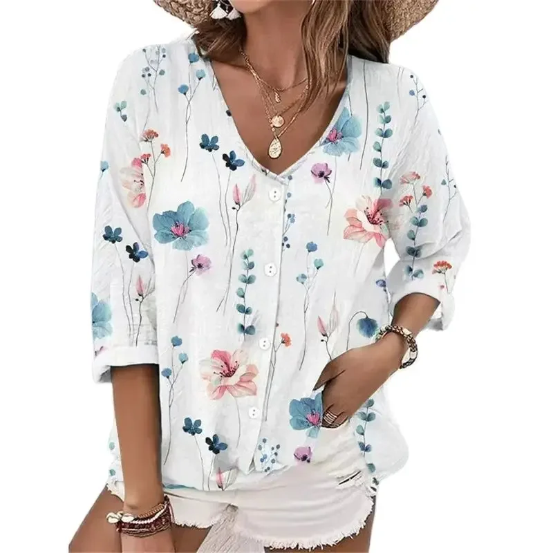 Women New Loose V Neck Shirt Elegant Print Single-breasted Cardigan Blouse Female Spring Autumn Casual Commuter Long Sleeve Tops