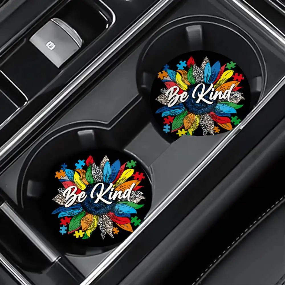 Sunflower Be Kind Puzzle Pattern Car Coasters Vibrant Decorative Auto Accessories