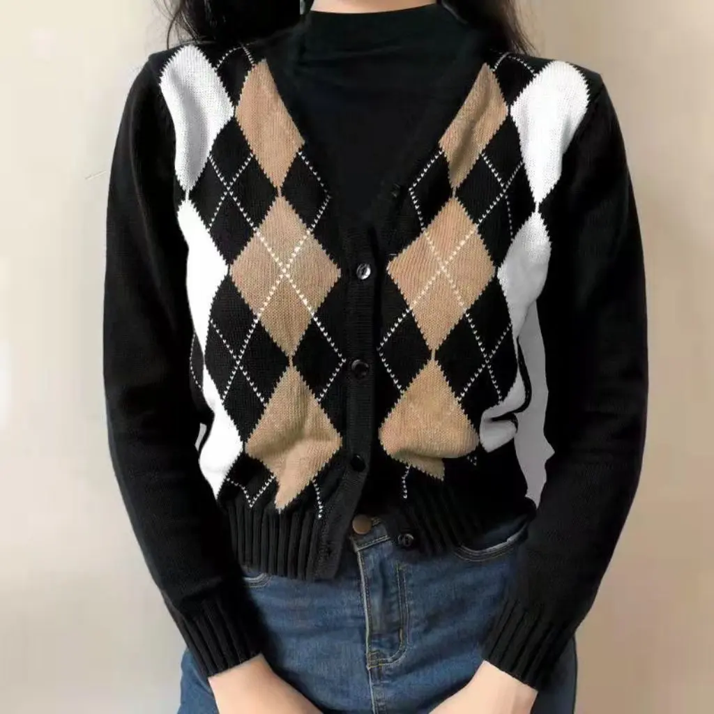 Go Girl Go Damen-Strickjacke im amerikanischen Retro-Stil mit V-Ausschnitt, langärmelig, gestrickte Oberbekleidung, kurze Top-Jacke für den Herbst im rhomboid-Stil