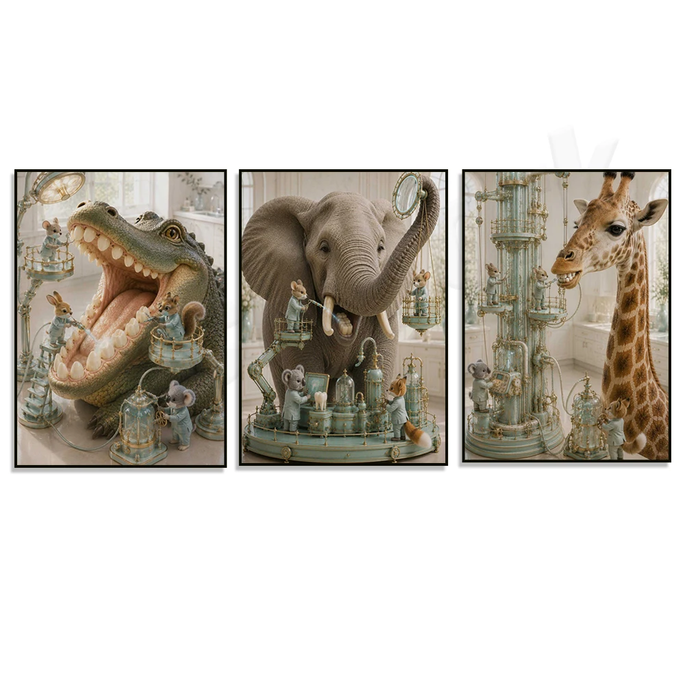 Pediatric dental prints, animal-themed artwork, and posters for decorating clinic waiting room walls.