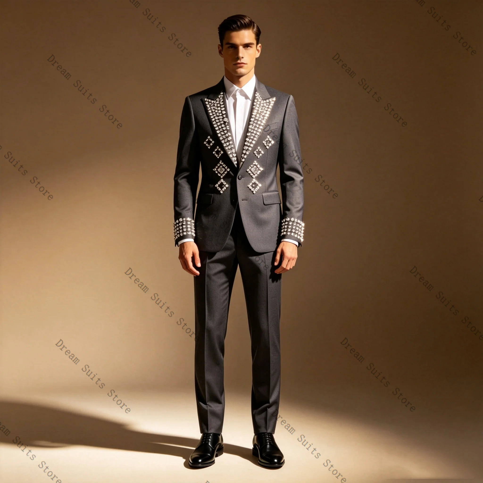 

Luxury Grey Crystals Men Suit Set 2 Pcs Blazer+Pants Trousers Customized Cotton Formal Office Jacket Wedding Tuxedos Prom Coat