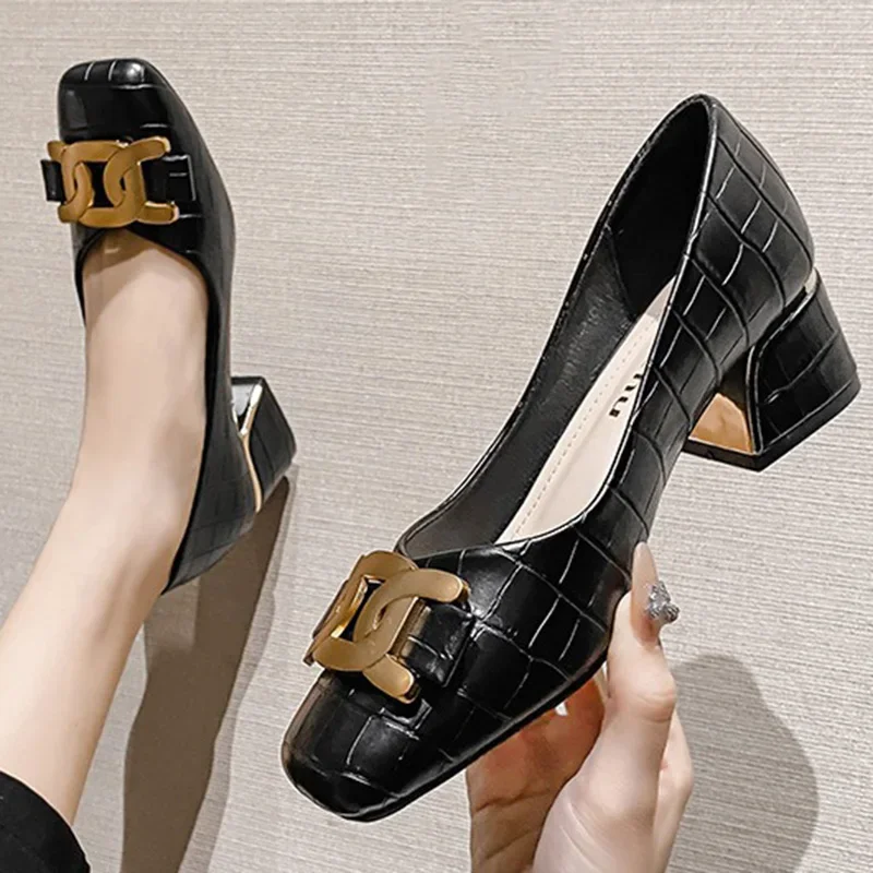 Women 5cm High Heels Fashion Work Daily Pumps Female Luxury Metal Buckle Square High Heels Lady Versatile Shallow Barefoot Shoes