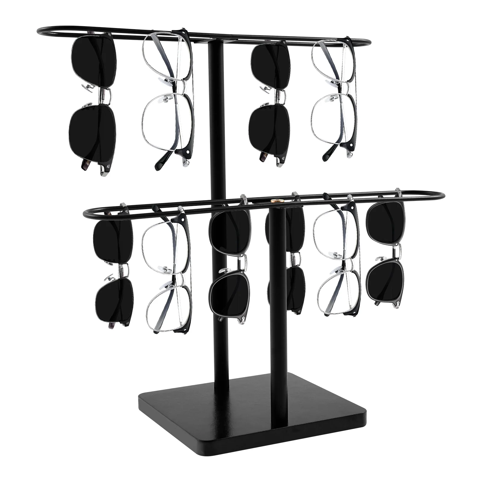 

2 Tier Glasses Display Stand Sunglasses Rack Shelf for 24 Pairs of Eyewear Metal Frame Glasses Holder Stand with Wood Base