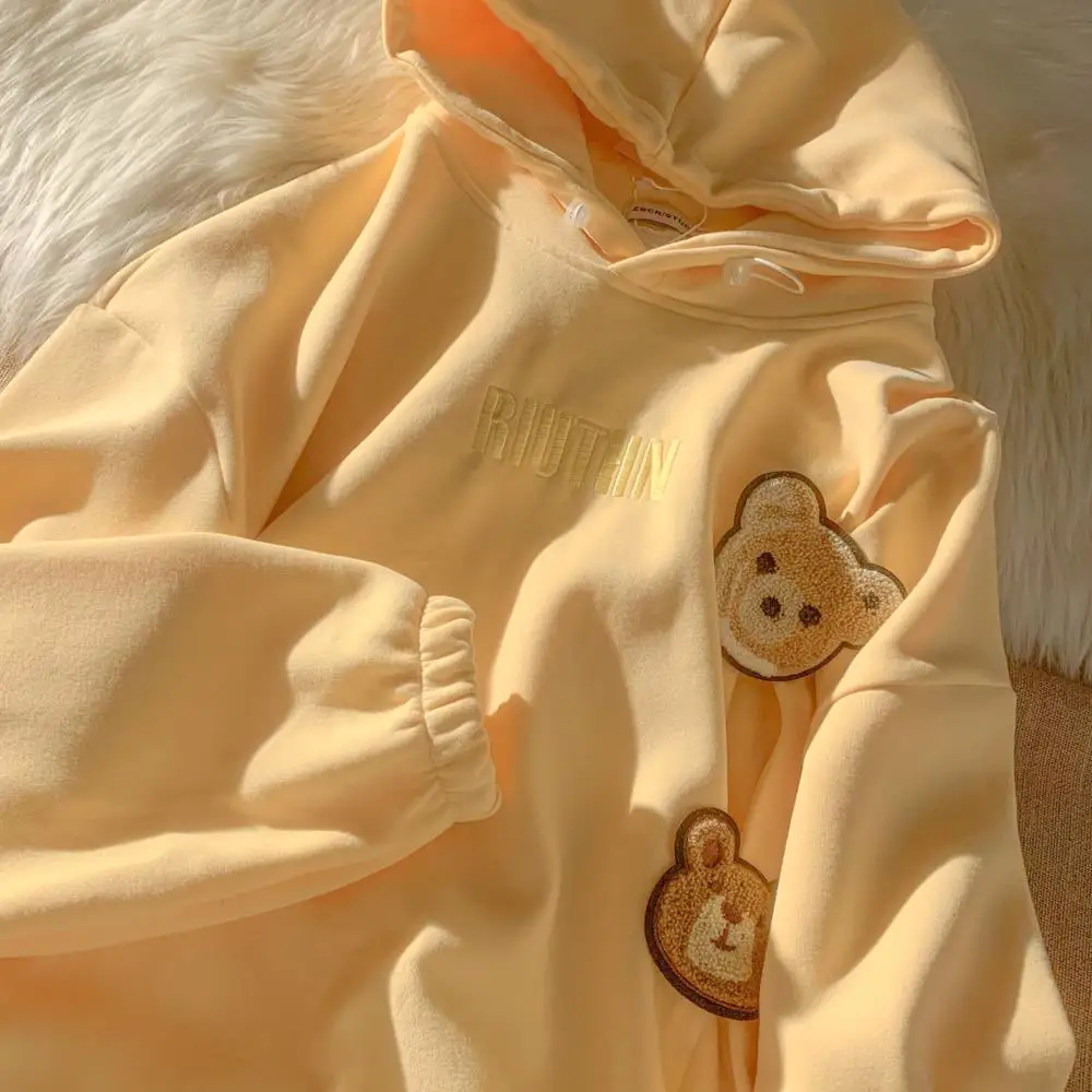 

Мужская толстовка оверсайз с вышивкой мультяшного медведя, весна-осень, повседневный свободный крой, молодежный стиль