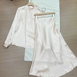 Elegant natural silk satin long sleeved skirt suit