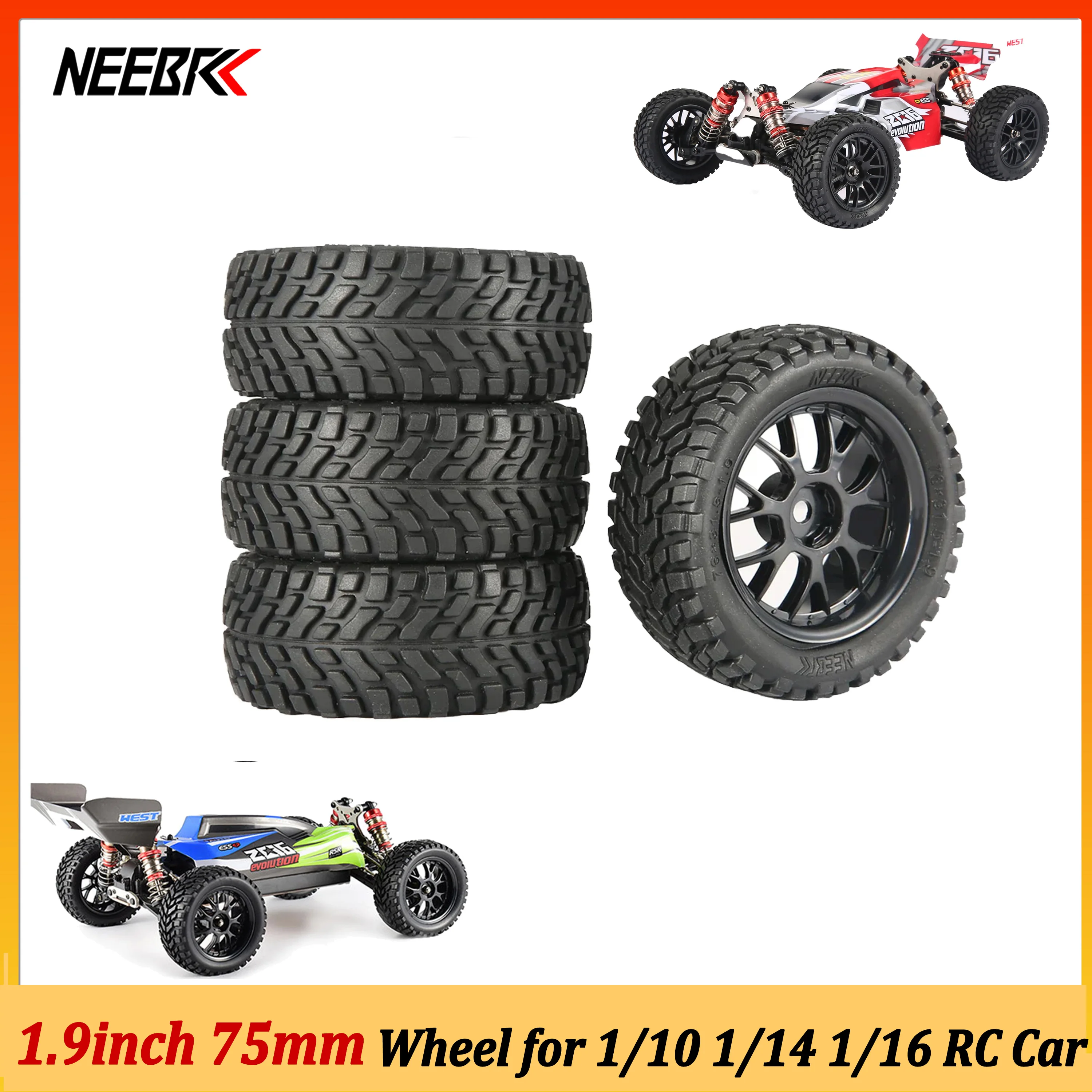 NEEBRC 12mm Hex Hubs 1.9Inch 75mm Off Road Buggy Tires Wheel Rubber for RC 1/14 1/16 1/10 Car Wltoys 144001 Scx10 Traxxas Parts