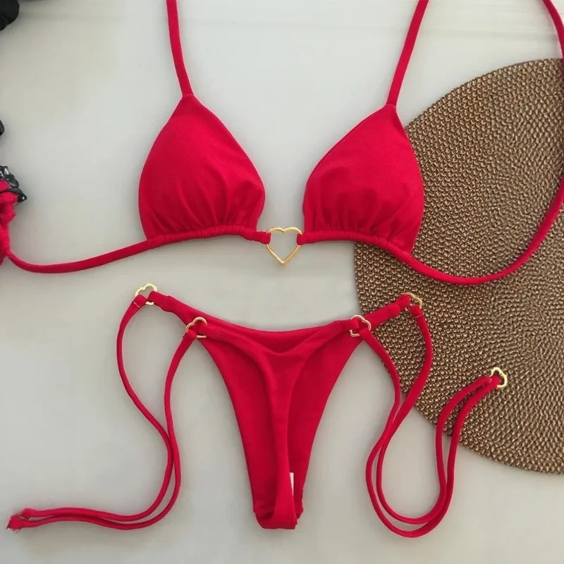 Women Bikini Set Contrast Gold Heart Ring Detail Triangle Top With Tie Side Thong Bottom Sexy Summer Beach Bathing Suit Swimwear