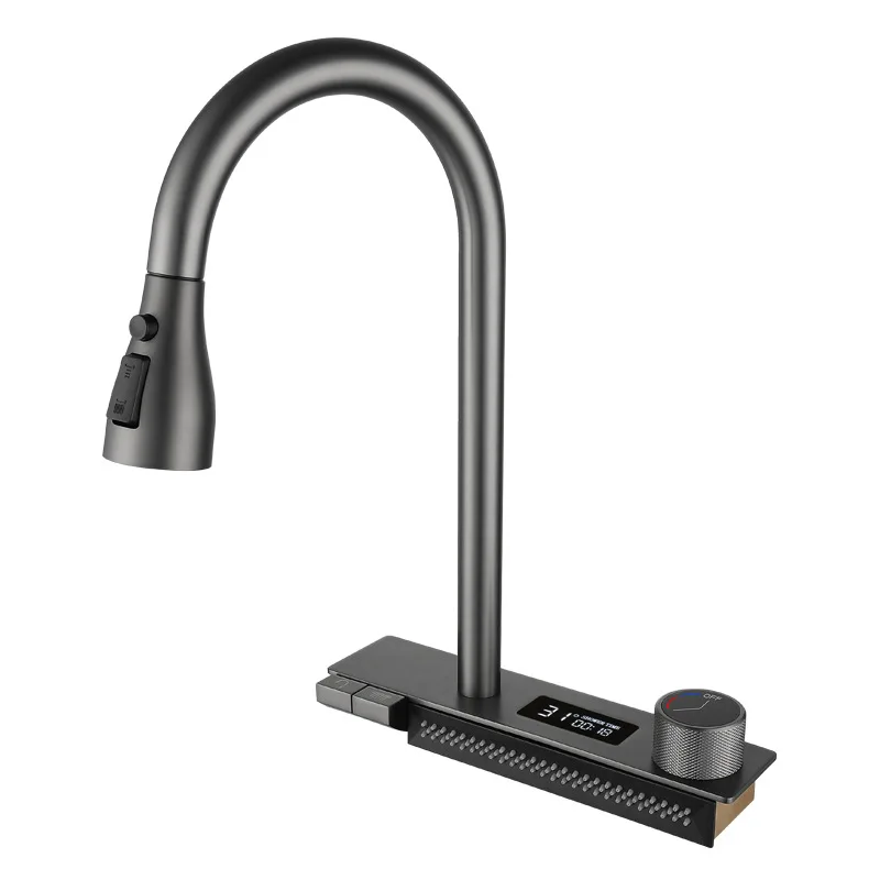 Stainless Steel Pull Out Waterfall Faucet Nano Black Multifunctional Kitchen Sink With Digital Display