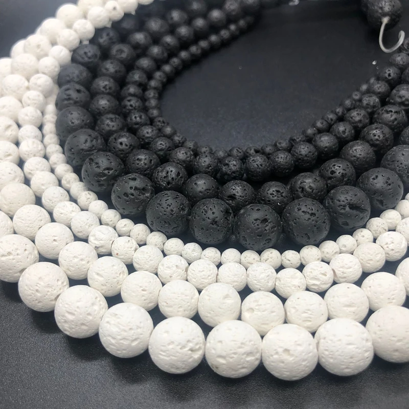 4/6/8/10/12/14MM Natural Black White Volcanic Lava Stone Spacer Rock Round Loose Beads For Jewelry making DIY Bracelet Wholesale