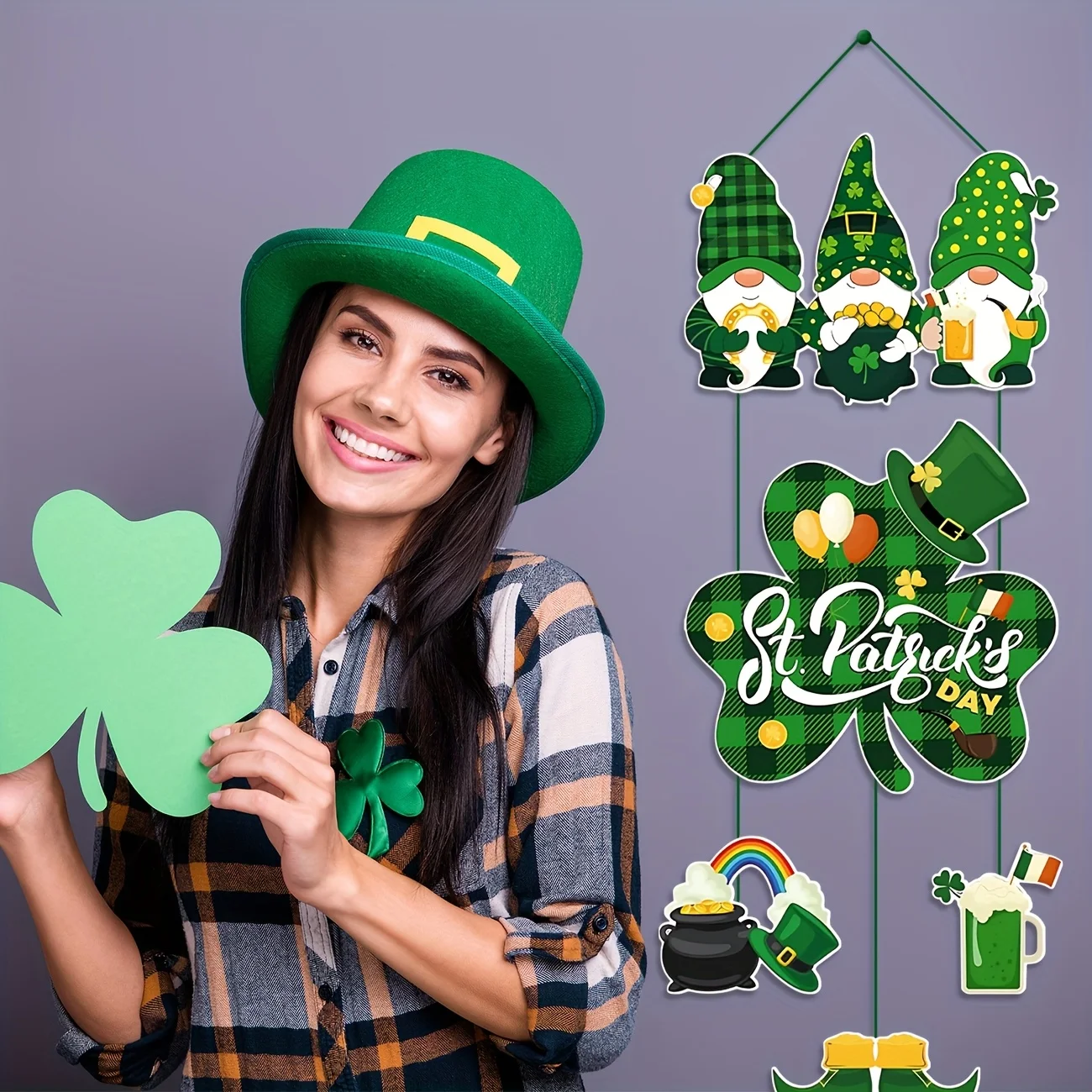 2 Pcs Valentine\'s Day St Patricks Day Decorations Valentines Day Door Sign Gnome Heart Shamrock Shaped Felt Hanging Signs for