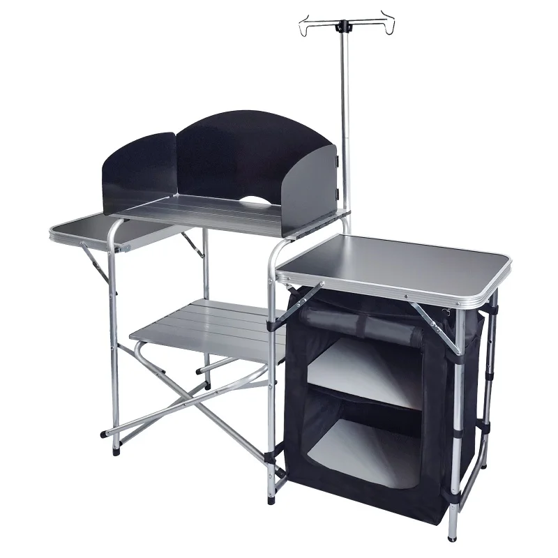 

#Outdoor Picnic Mobile Kitchen Metal Desk Aluminum Alloy Folding Camping Dining Table with Cloth Cabinet for BBQ