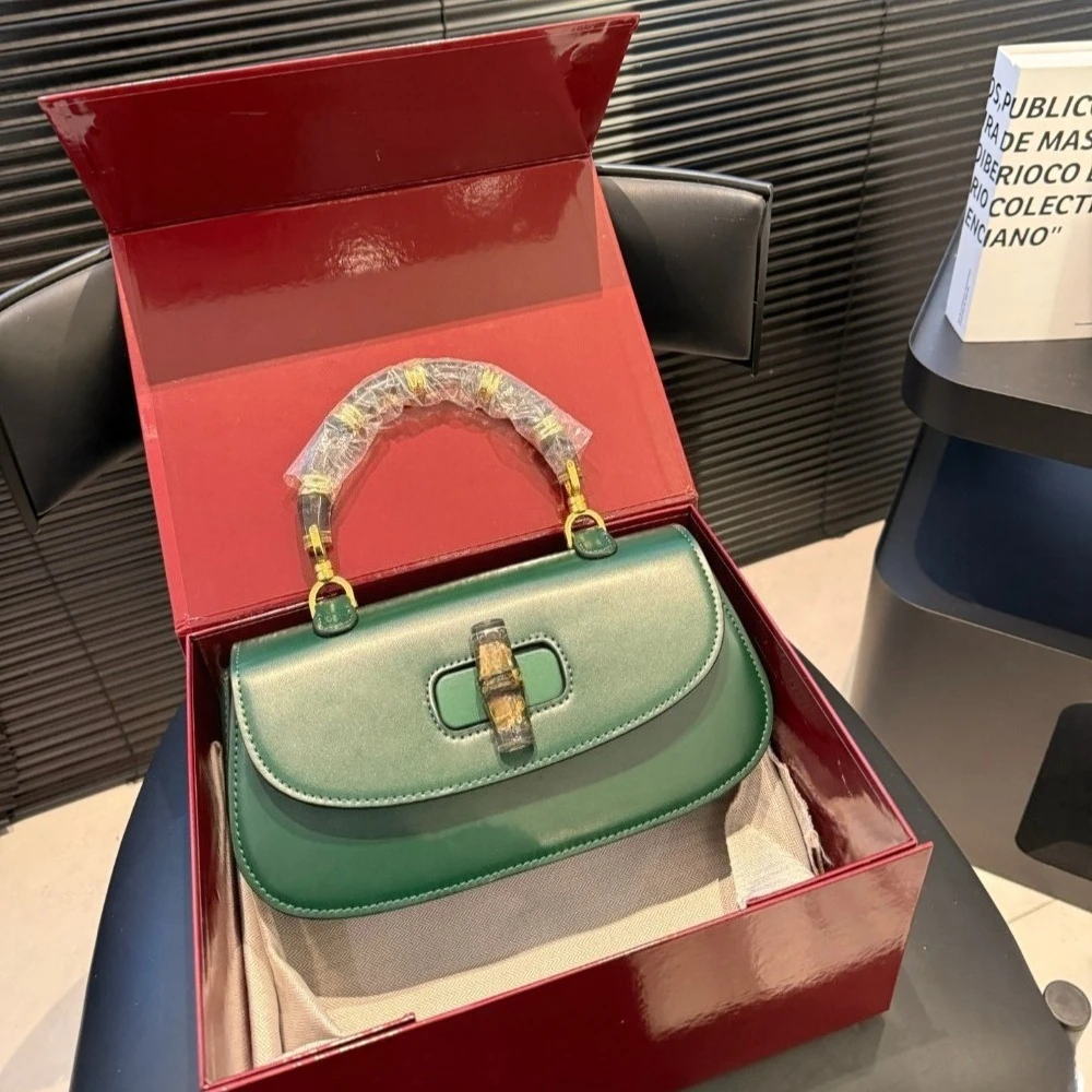 

Green Bamboo Handle Handbag for Women Vintage Designer Shoulder Bag with Gold Hardware Elegant Top Handle Purse for Party