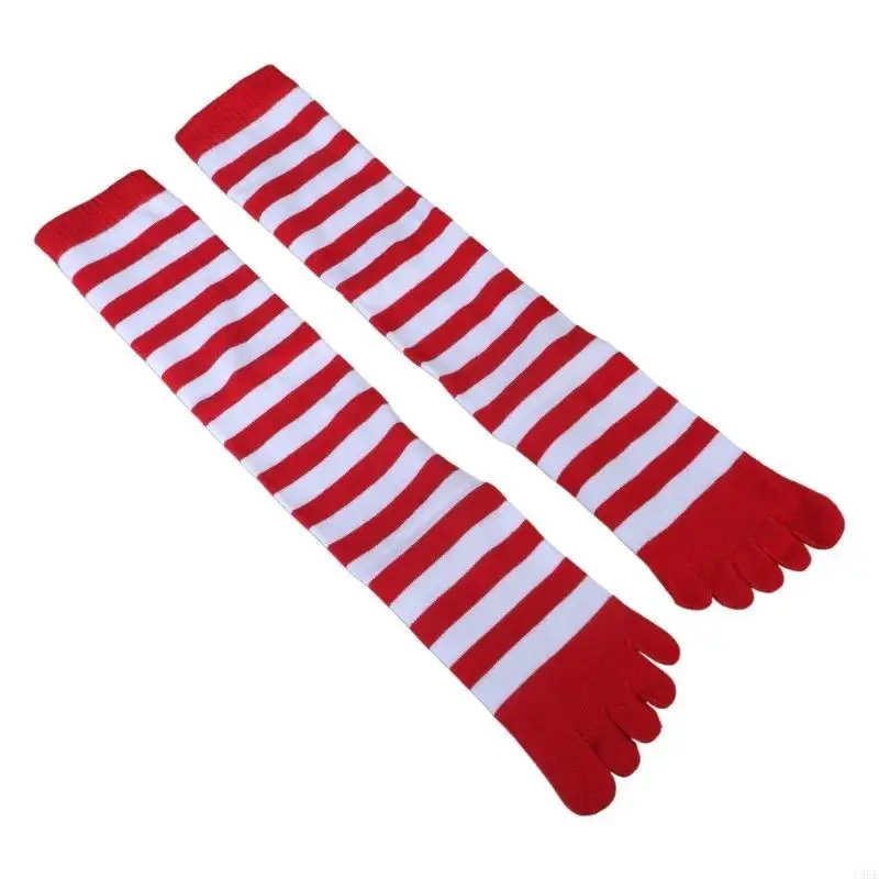 

195E Women Split Toe 5 Finger Calf Socks Rainbow Colorful Stripe Clover Print Hosiery