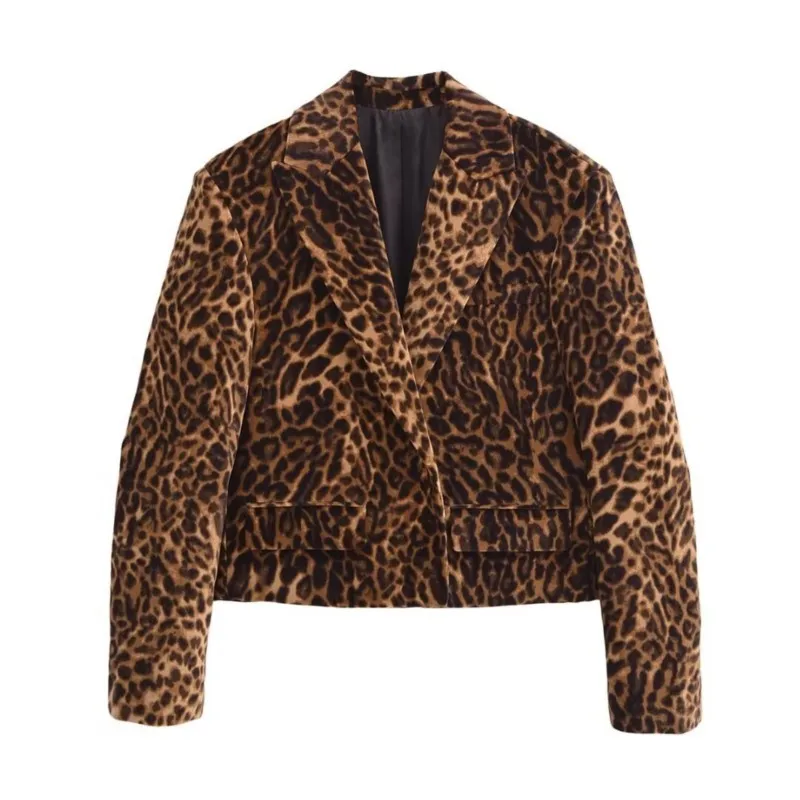 New Women Leopard Print Velvet Blazer Skirt Suit Fashion Pocket Decorate Slim Short Coat High Waist Side Zipper Slim Mini Skirt