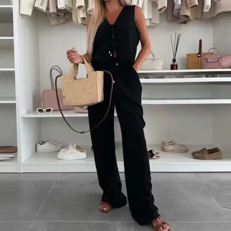 Letni koronkowy patchworkowy garnitur wakacyjny Lady Fashion Hollow Sleeveless Beach Outfit Casual V Neck Tie Up Top + Long Pants Two Piece Set