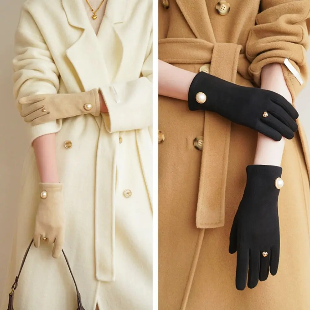 Guanti da ciclismo invernali in velluto carino Guanti da donna con perle a forma di cuore Guanti morbidi e spessi da esterno