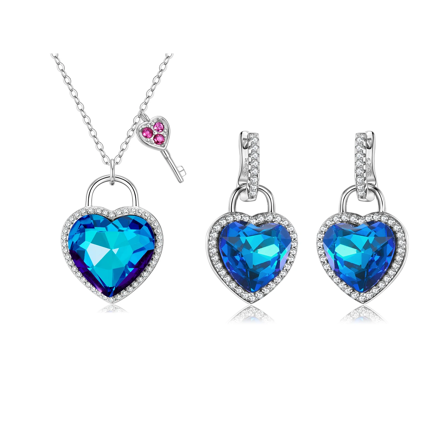 Genuine 925 Sterling Silver Love Ocean Heart Blue Delicate Key & Lock Earrings Pendant Necklaces Women Girlfriend Wife