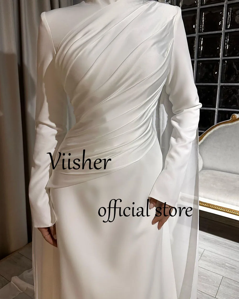 Viisher White Satin Mermaid Wedding Dresses for Bride High Neck Long Sleeve Bride Dress Arabian Dubai Wedding Party Gowns