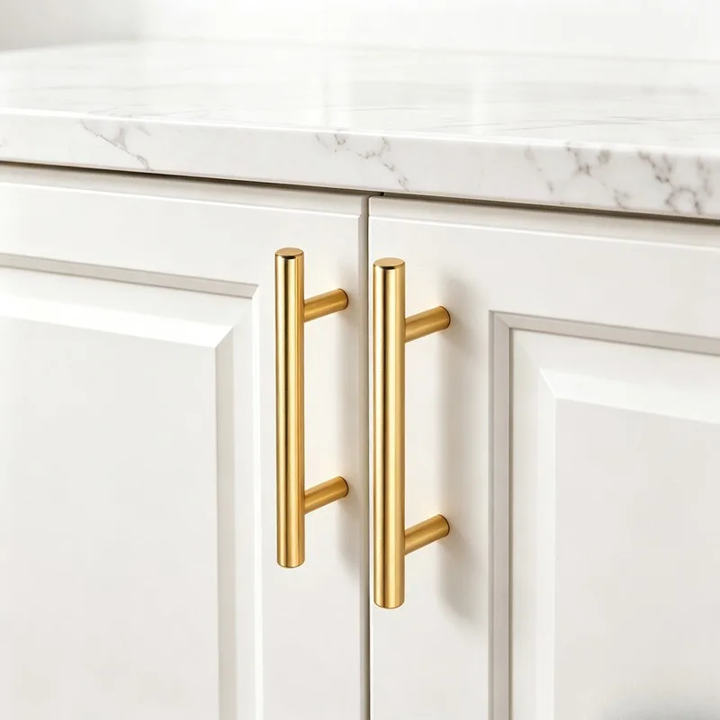 8 Pieces of Champagne Gold T-Shaped Stainless Steel Cabinet Handles, Cabinet Door Handles, with Matching Installation Screws, Easy Installation, Modern Minimalist Drawer Handles, Suitable for Kitchen, Bathroom, Wall Cabinets, Wardrobe Furniture Hardware Accessories