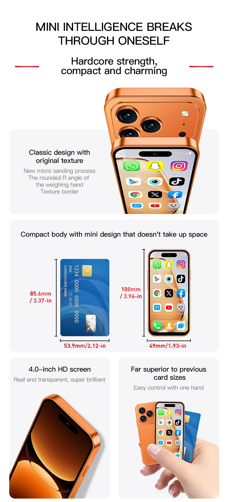 ONEMYTH A18 Pro Mini Smartphone Quad Core 2GB RAM 16GB ROM LTE 4G Dual SIM Type-C Android CellPhone Face Unlock