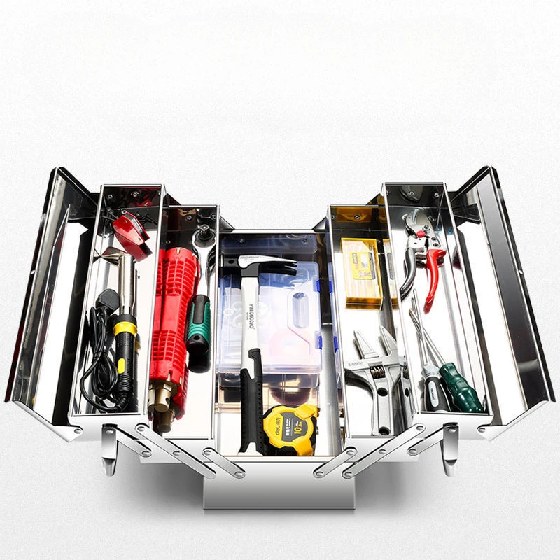 Cassetta degli attrezzi hardware in acciaio inossidabile Grande scatola vuota pieghevole a tre strati Custodia per riparazione automatica domestica con serratura multifunzione