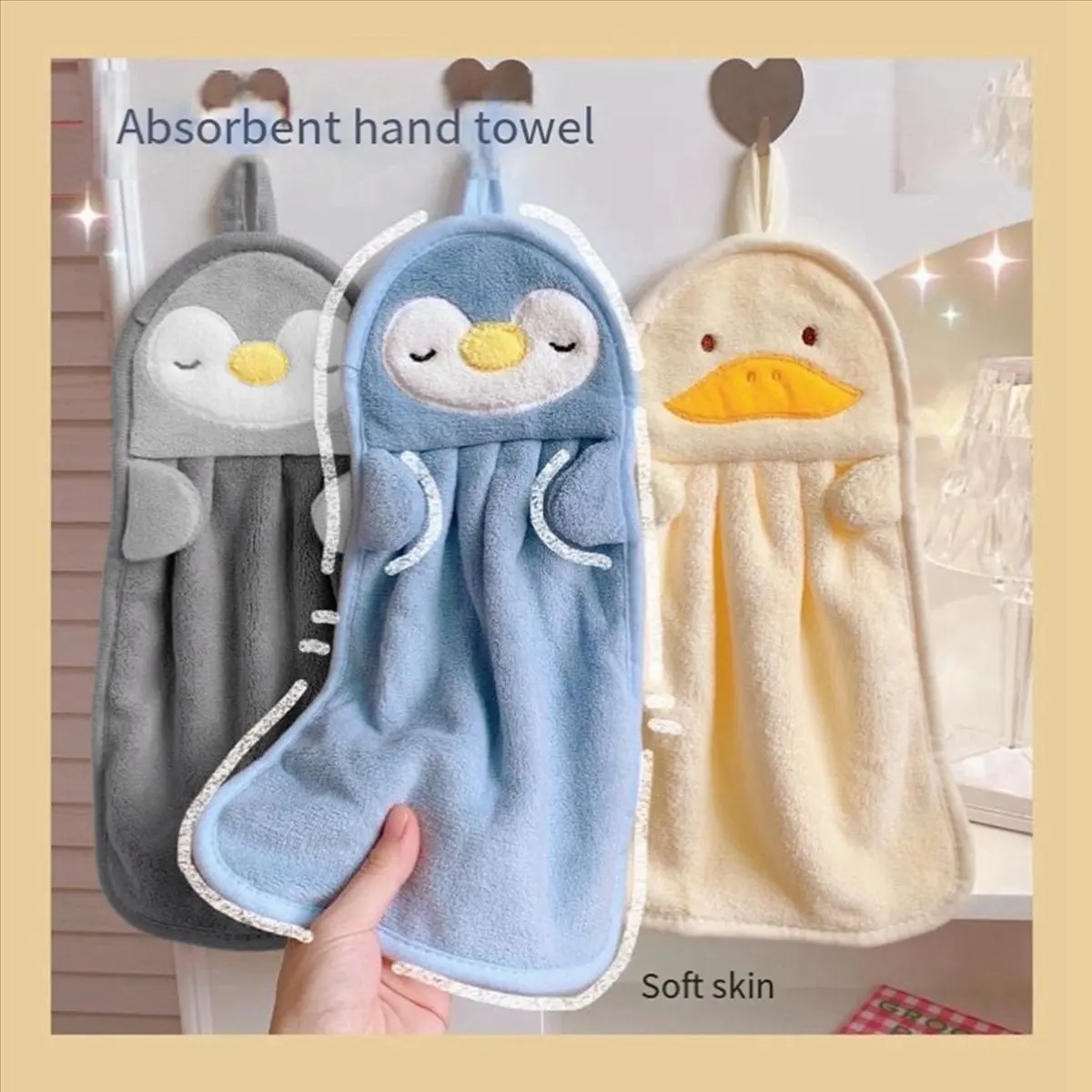 ABYK Полотенце для рук, подвесное впитывающее детское полотенце для рук, милый пингвин, утка, приятное для кожи, мягкое, для детей, серое