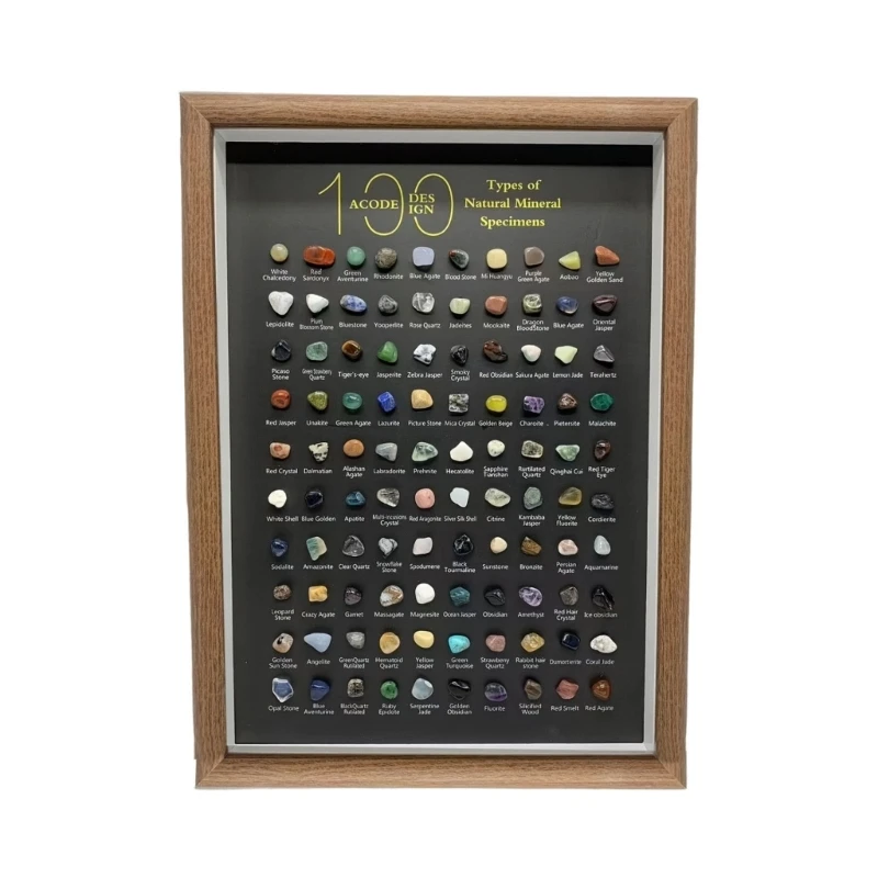 Lerntafel für natürliche Mineralien mit 100 Steinarten, Sammlungstafel in Holzoptik für die Präsentation Heimbüro – Detail 1